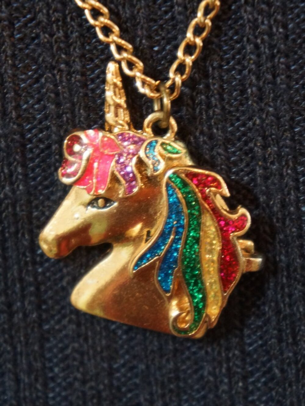 Betsey Johnson Rainbow Unicorn Hidden "Believe" Locket Necklace Gold Tone - Picture 2 of 6